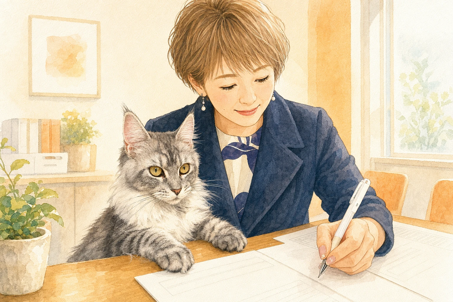 スタッフが契約書に記入し、膝の上にナラちゃんが座っている水彩風イラスト
