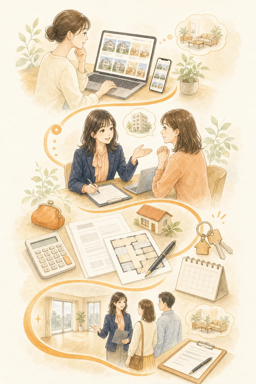 掲載物件を見てから相談する流れを表すイラスト