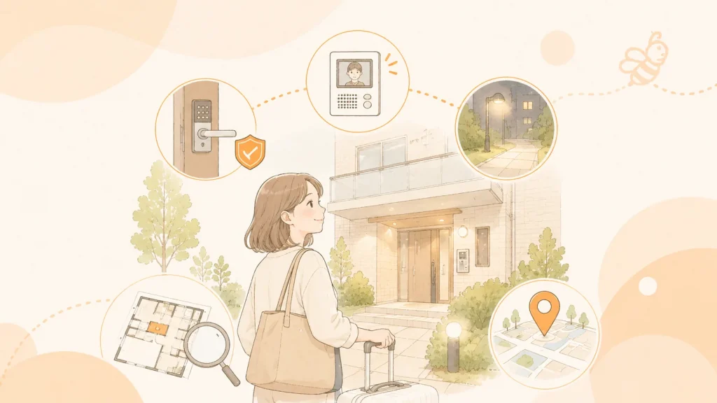 スマートロック、モニター付きインターホン、街灯のある玄関前で一人暮らしを始める女性のイラスト